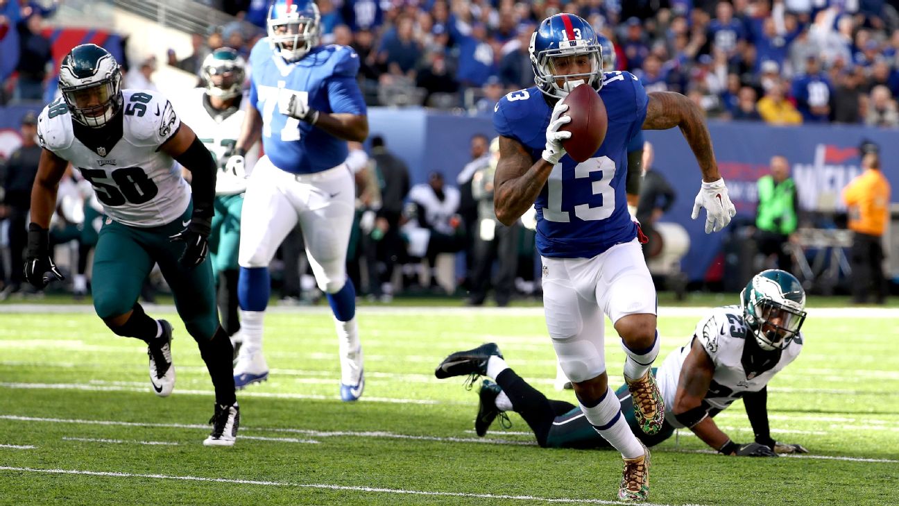 New York Giants Odell Beckham Jr. stands on the field in the first half  against the New Orleans Saints in week 2 of the NFL at MetLife Stadium in  East Rutherford, New