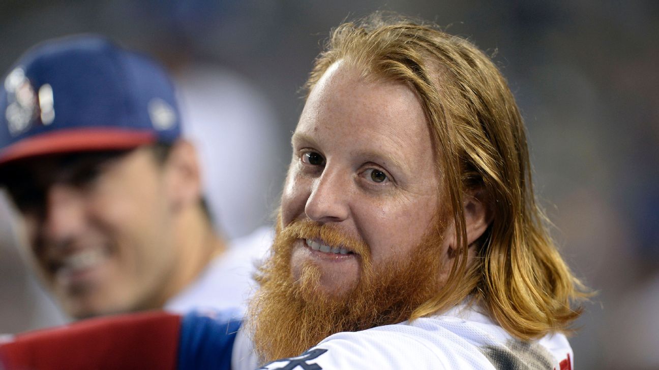 Los Angeles Dodgers Justin Turner sports his long hair and beard