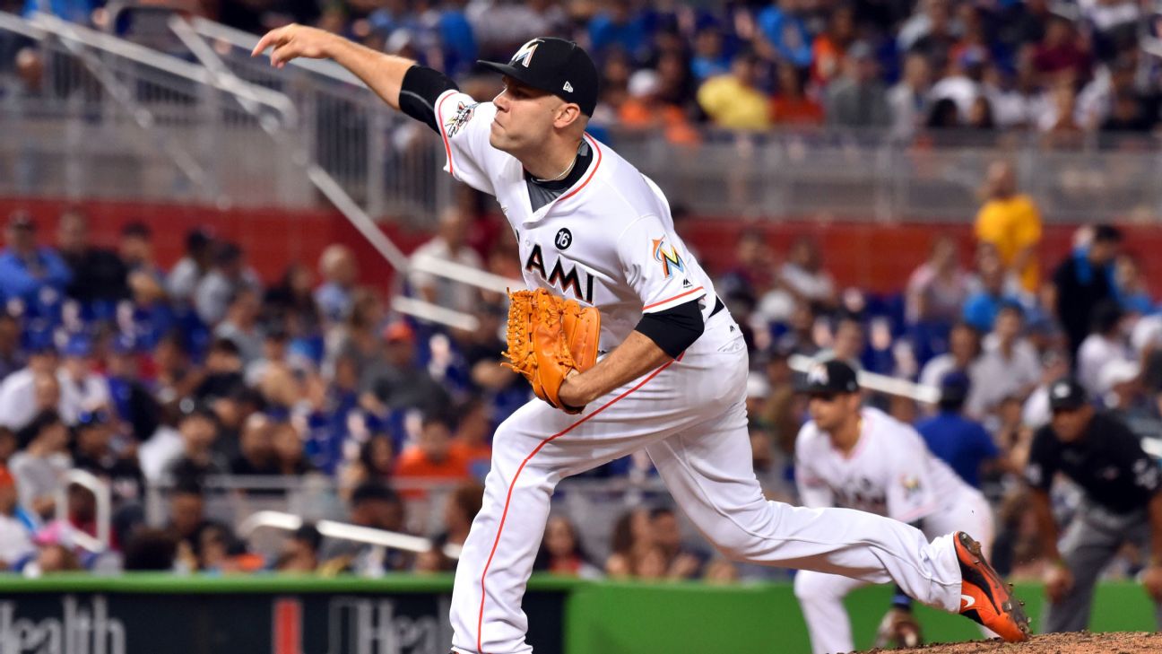 WASHINGTON, DC - APRIL 03: Miami Marlins relief pitcher David Phelps (35)  during a MLB opening day game between the Washington Nationals and the  Miami Marlins on April 03, 2017, at Nationals