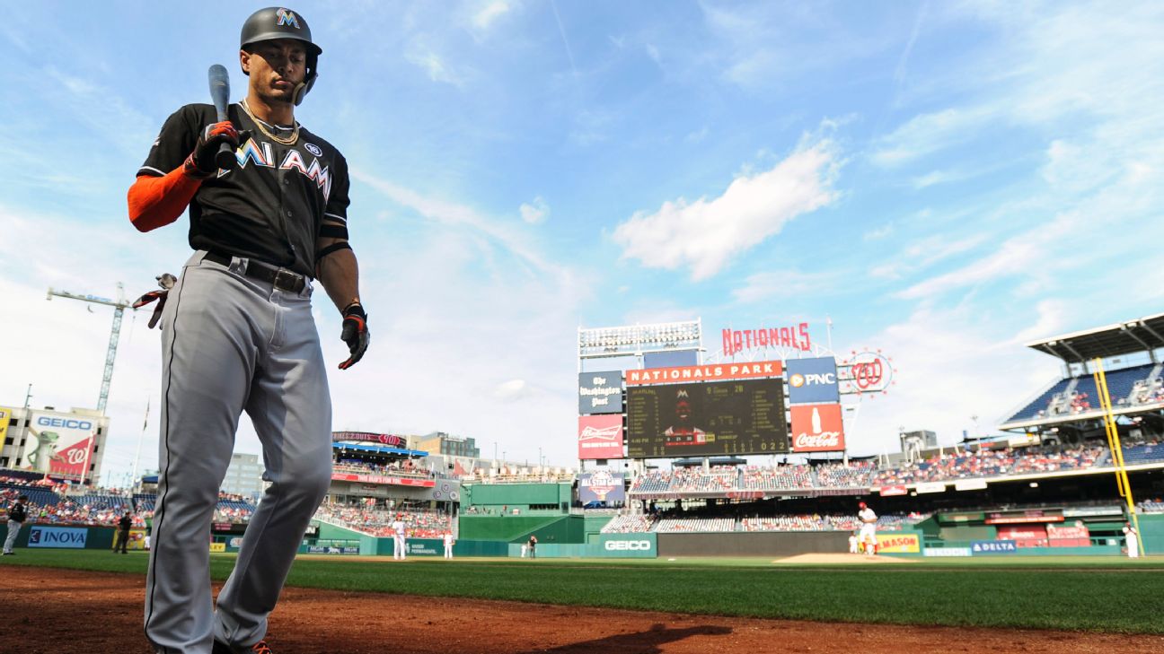 Miami Marlins right fielder Giancarlo Stanton stands during the