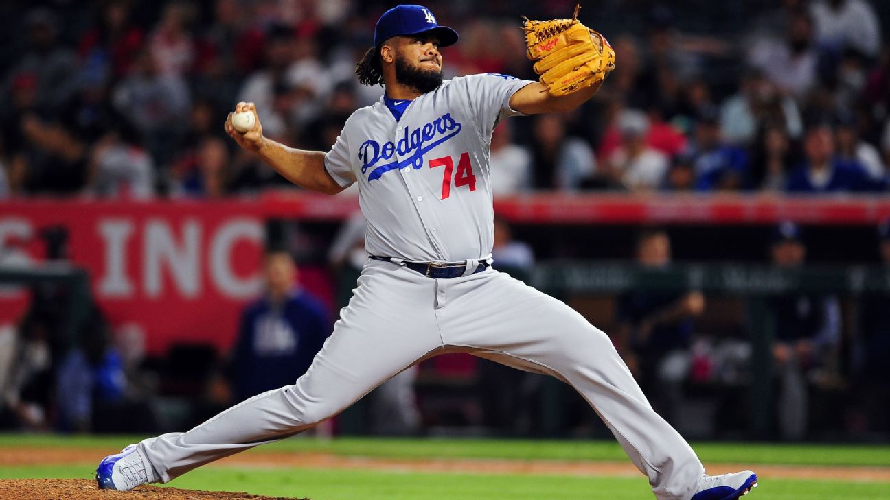 Los Angeles Dodgers' closing pitcher Kenley Jansen (74) celebrates