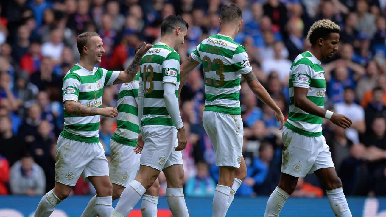 Celtic (left-right) Patrick Roberts, Leigh Griffiths and Kieran
