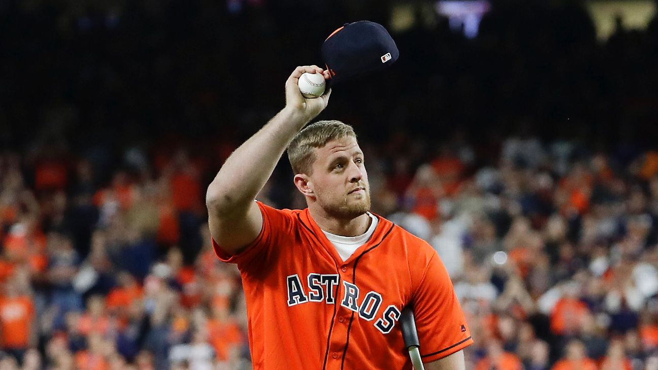 J.J. Watt of Houston Texans tosses first pitch at Game 3 of World