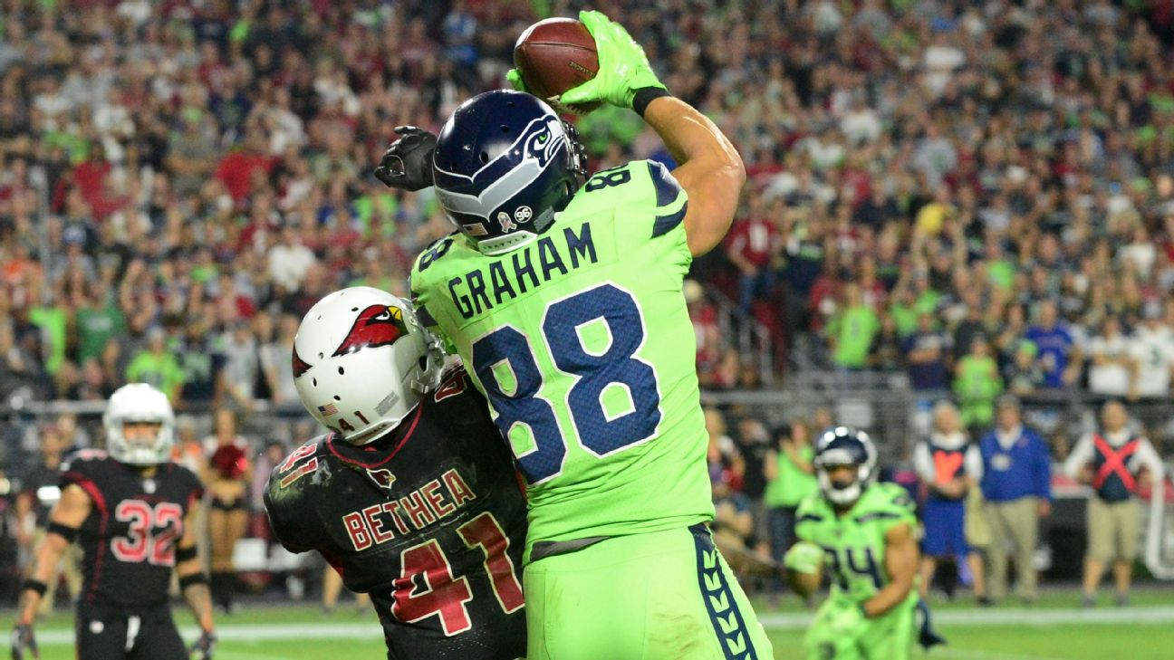 Seattle Seahawks tight end (88) Jimmy Graham gains yards after a