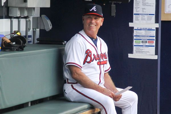Braves  Snitker all laughs after foul ball to groin