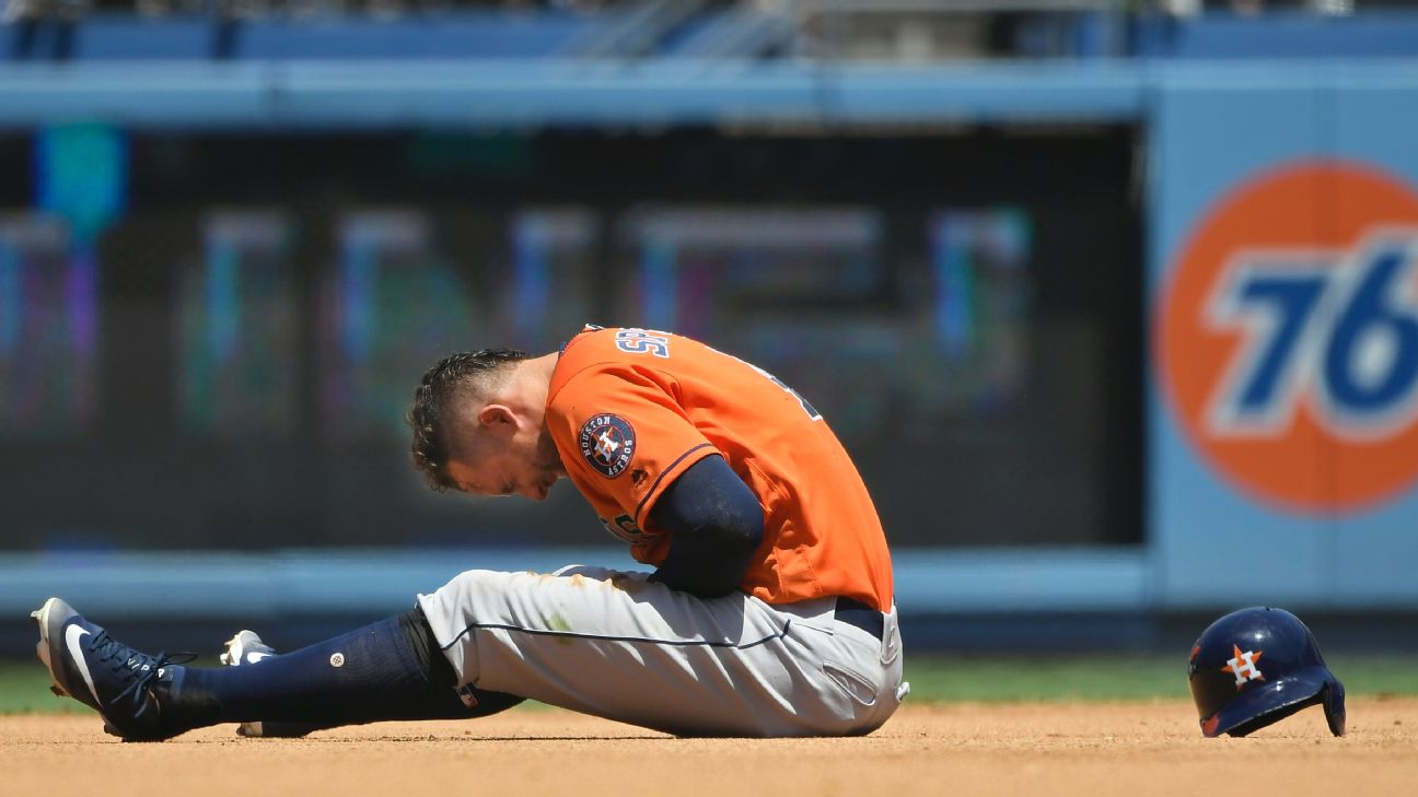 George Springer of the Houston Astros steals second base in the