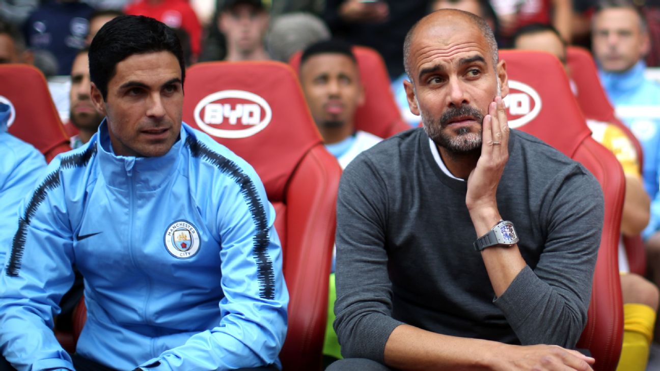 Mikel Arteta works as an assistant to Pep Guardiola at Manchester City.