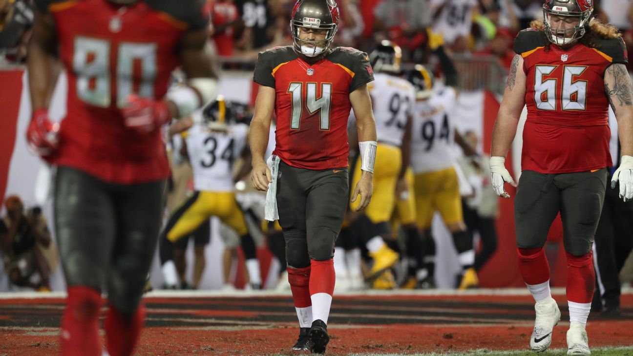 Tampa Bay Buccaneers quarterback Ryan Fitzpatrick (14) celebrates with  tight end Cameron Brate (84) after Brate caught a 4-yard touchdown pass  against the Pittsburgh Steelers during the first half …