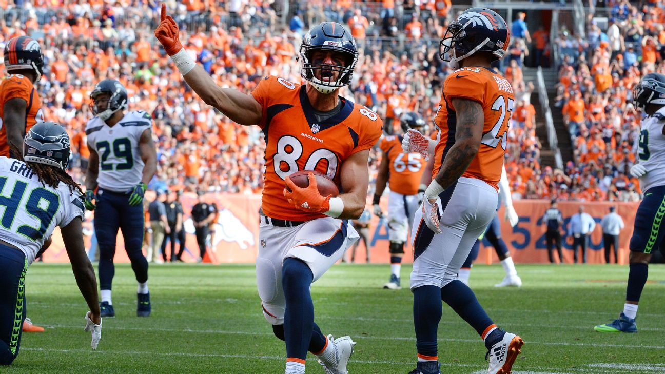 Denver Broncos tight end Jake Butt (80) takes part in drills