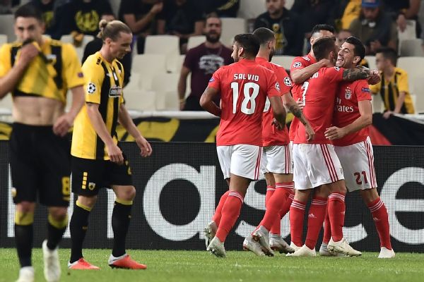 Benfica players celebrate after scoring a goal against AEK Athens in the Champions League.