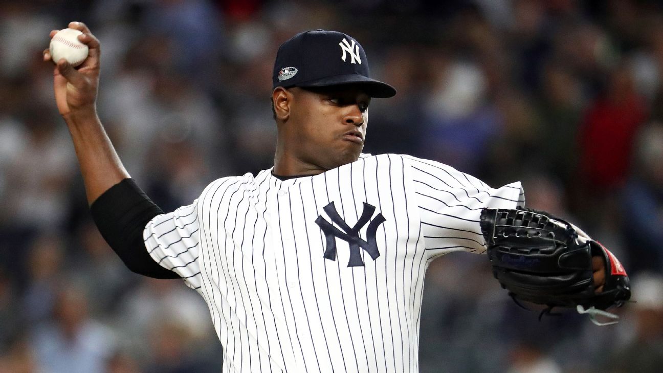 New York Yankees pitcher Luis Severino speaks to reporters before Game 2 of  an American League