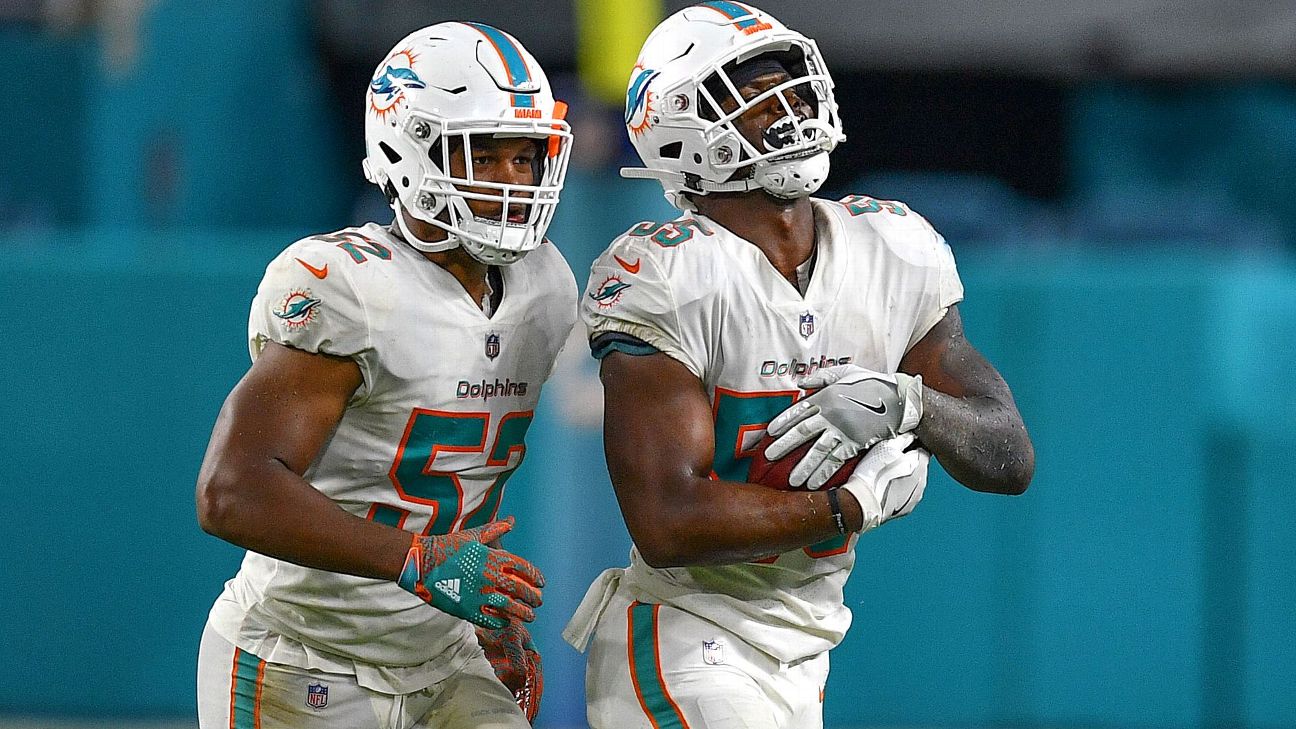 Miami Dolphins linebacker Jerome Baker (55) in action during the