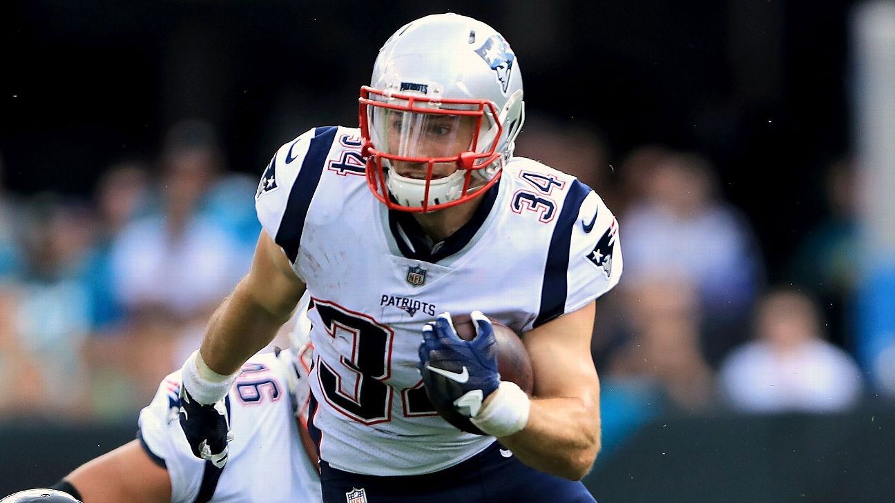 Houston Texans running back Rex Burkhead (28) follows the blocking