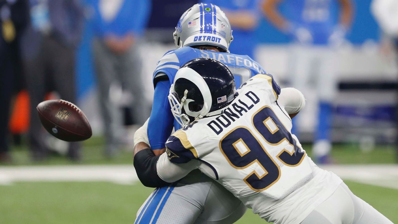 Los Angeles Rams defensive lineman Aaron Donald (99) celebrates his team's  victory over the San …