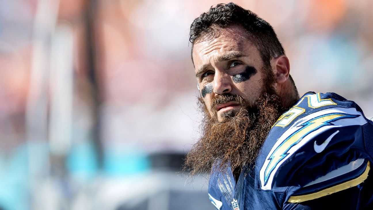 Baltimore Ravens free safety Eric Weddle, left, speaks with Los Angeles  Chargers defensive back Adrian Phillips after an NFL wild card playoff  football game, Sunday, Jan. 6, 2019, in Baltimore. (AP Photo/Nick