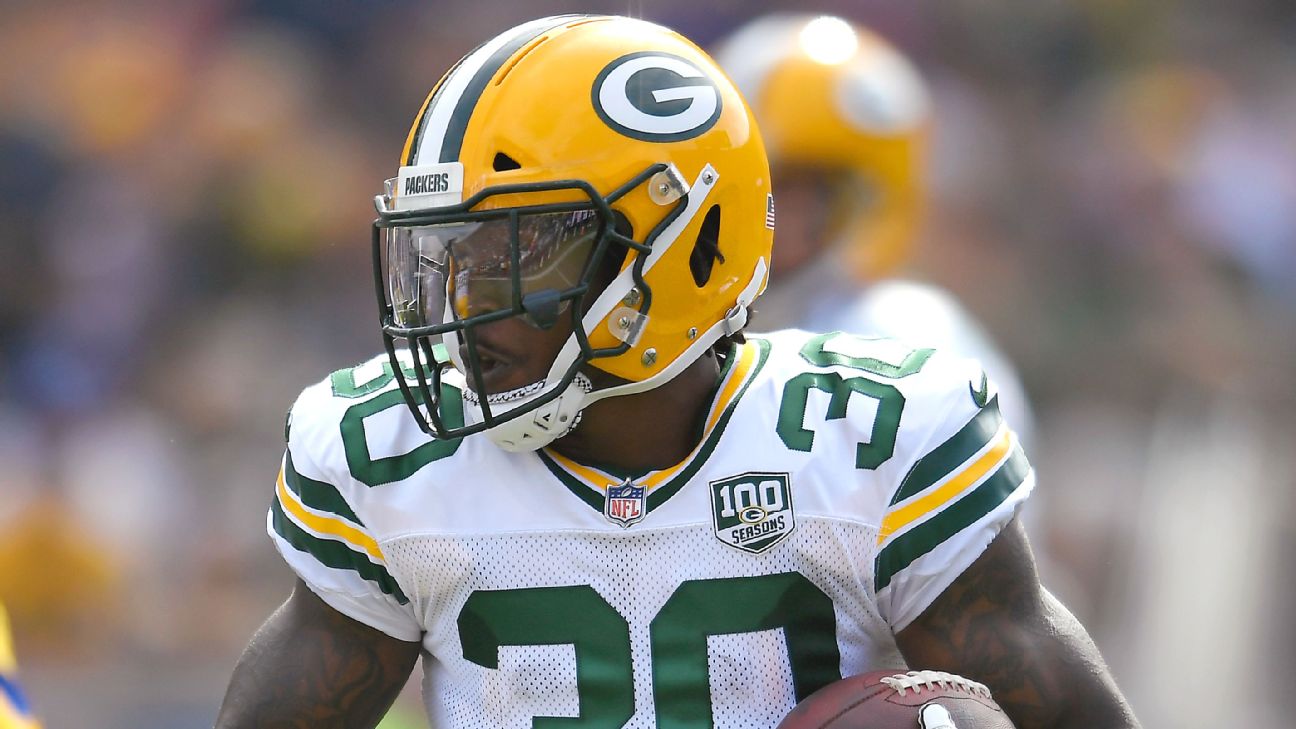 September 22, 2019: Green Bay Packers running back Jamaal Williams #30  before the NFL Football game between the Denver Broncos and the Green Bay  Packers at Lambeau Field in Green Bay, WI.