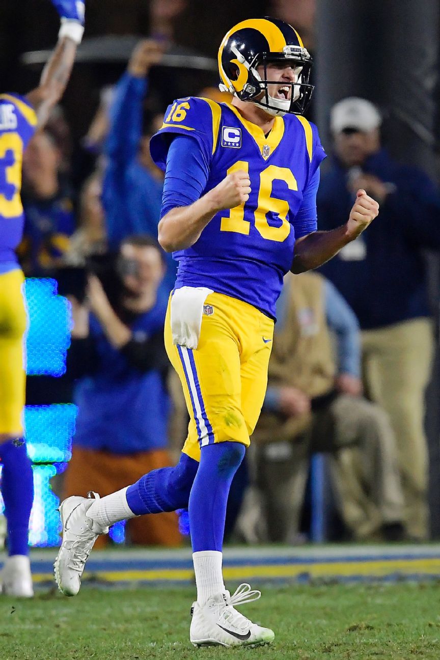 January 12, 2019 - Los Angeles, California, U.S - Los Angeles Rams Jared  Goff passes against the Dallas Cowboys in a NFC Divisional playoff game at  the Los Angeles Memorial Coliseum. The