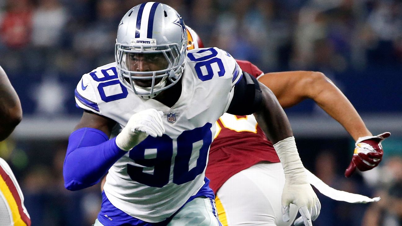 Dallas Cowboys defensive end DeMarcus Lawrence (90) runs a drill