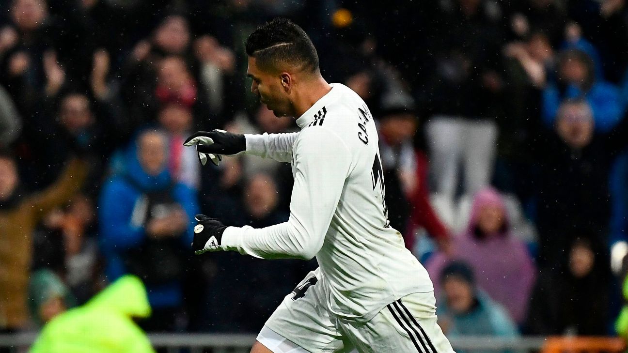 Casemiro celebrates after scoring for Real Madrid in their La Liga game against Sevilla.