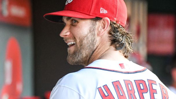 Philadelphia Phillies' Bryce Harper gives Andrew McCutchen a hat