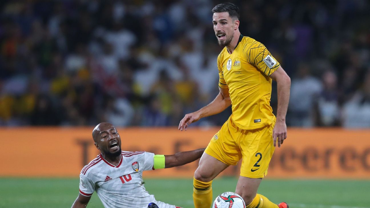 Ismaeil Matar Aljneibi of United Arab Emirates battles for possession with Milos Degenek of Australia during the AFC Asian Cup quarter final match between United Arab Emirates and Australia. Ismaeil Matar Aljneibi of United Arab Emirates battles for possession with Milos Degenek of Australia during the AFC Asian Cup quarter final match between United Arab Emirates and Australia.