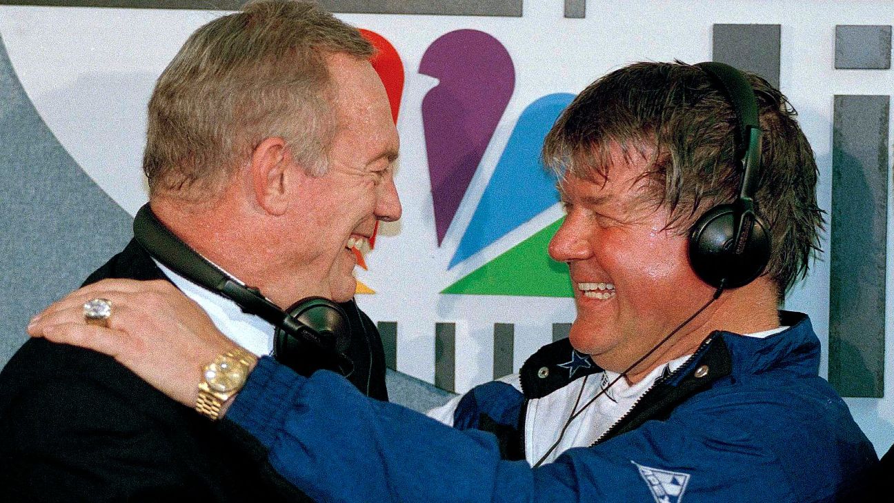 Dallas Cowboys head coach Jimmy Johnson displays his Super Bowl XXVII championship  ring on Wednesday, June 3, 1993 in Irving, Texas. The ring has a dazzling  five-point-shaped diamond in the center with