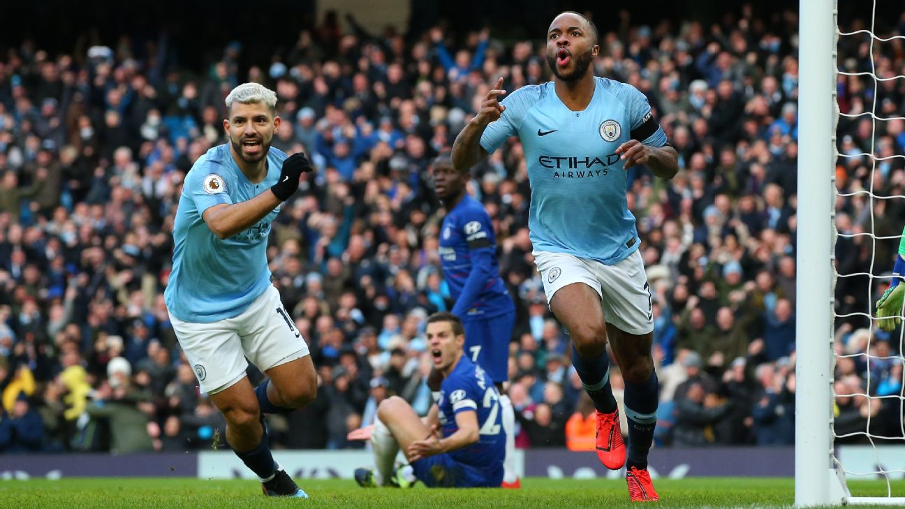 Raheem Sterling, right, celebrates after scoring the opener for Manchester City against Chelsea. Raheem Sterling, right, celebrates after scoring the opener for Manchester City against Chelsea.