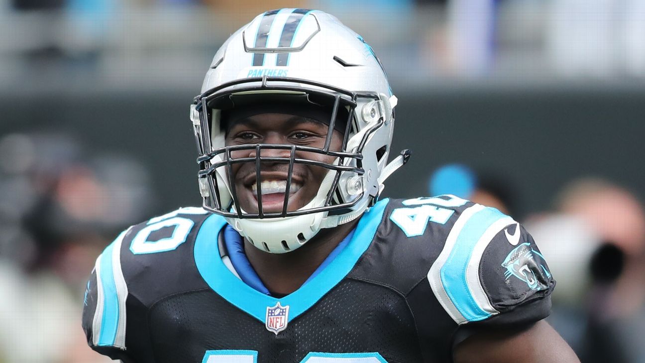 Charlotte, North Carolina, USA. 8th Sep, 2019. Carolina Panthers fullback  Alex Armah (40) scores a touchdown at Bank of America Stadium in Charlotte,  NC. Carolina Panthers quarterback Cam Newton (1) celebrates with