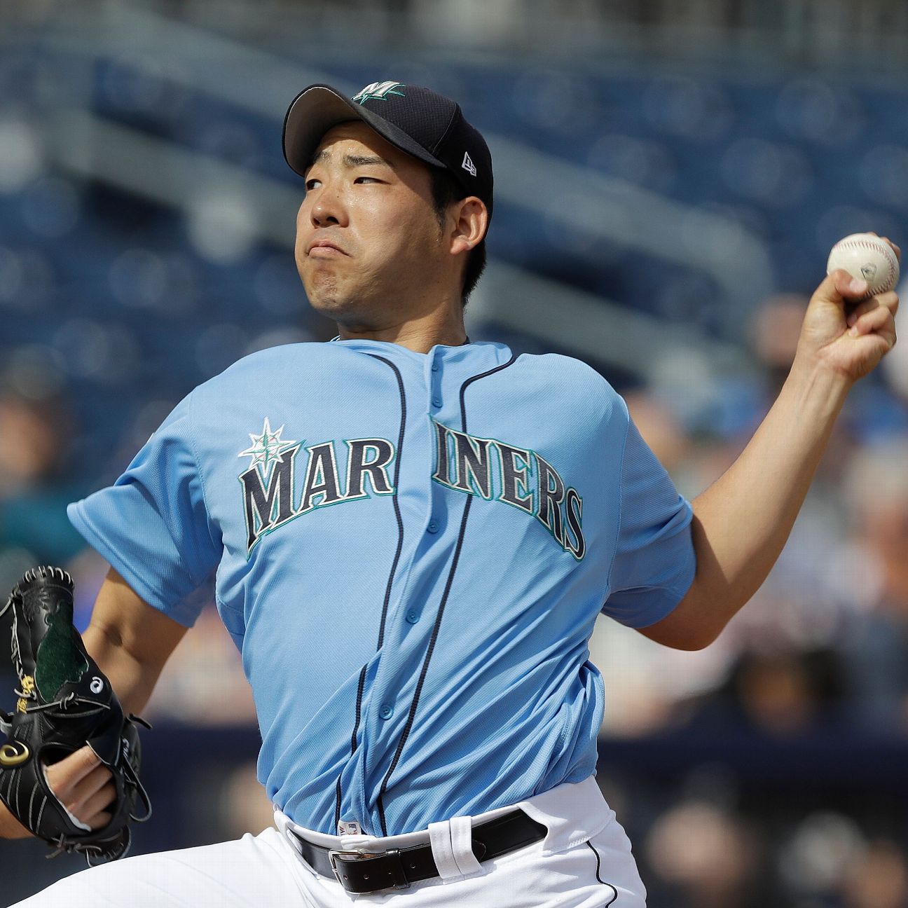 Yusei Kikuchi of the Seattle Mariners reacts after a strikeout