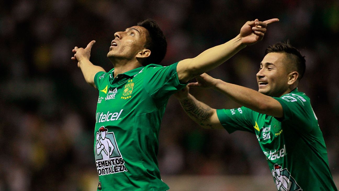 Angel Mena celebrates after scoring in Leon's Liga MX match against Santos Laguna. Angel Mena celebrates after scoring in Leon's Liga MX match against Santos Laguna.
