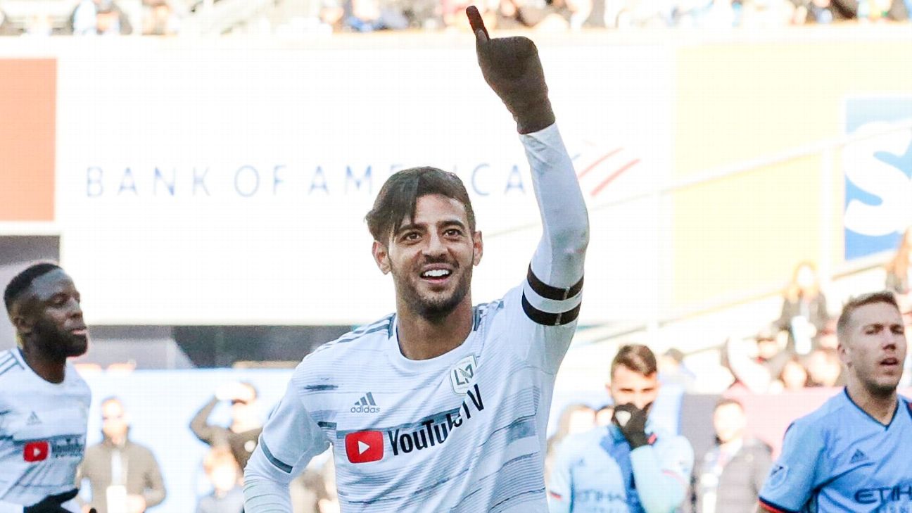 Carlos Vela celebrates after scoring in LAFC's MLS draw at New York City FC. Carlos Vela celebrates after scoring in LAFC's MLS draw at New York City FC.