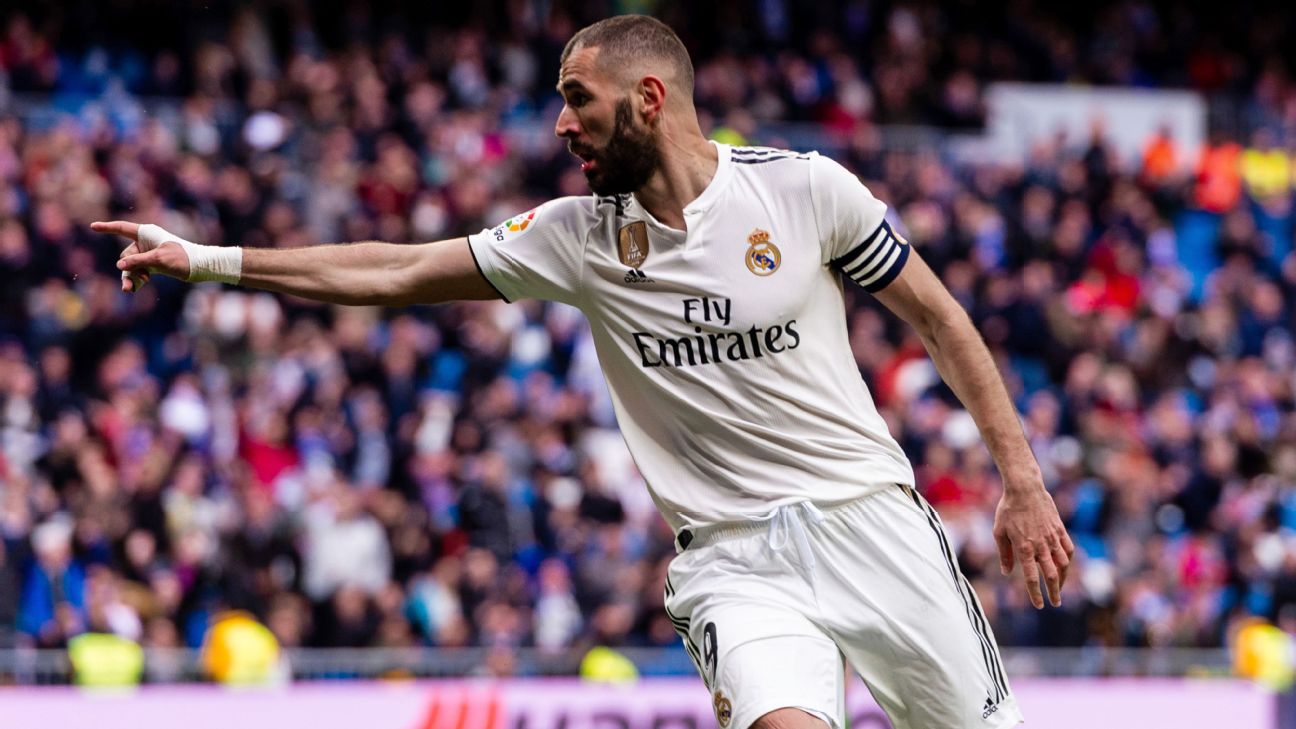 Karim Benzema scored twice in Real Madrid's La Liga game against Eibar. Karim Benzema scored twice in Real Madrid's La Liga game against Eibar.