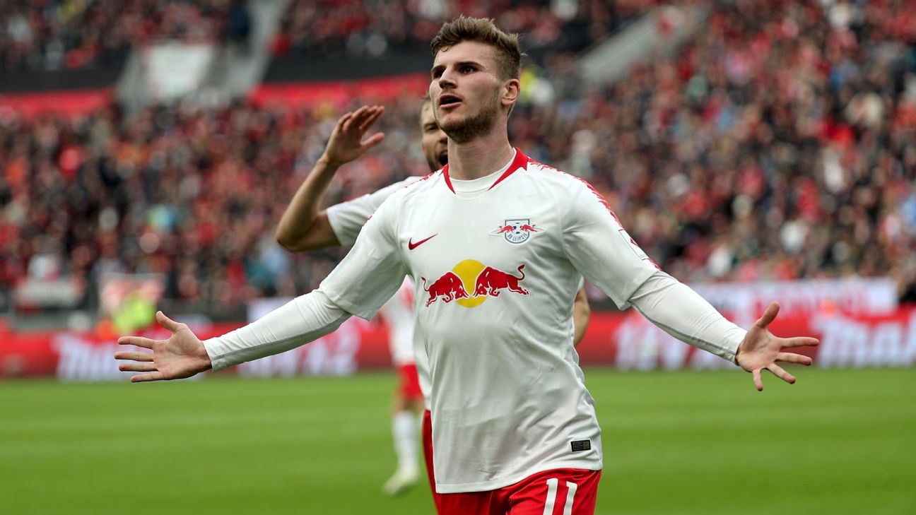 Timo Werner celebrates during RB Leipzig's Bundesliga win over Bayer Leverkusen.