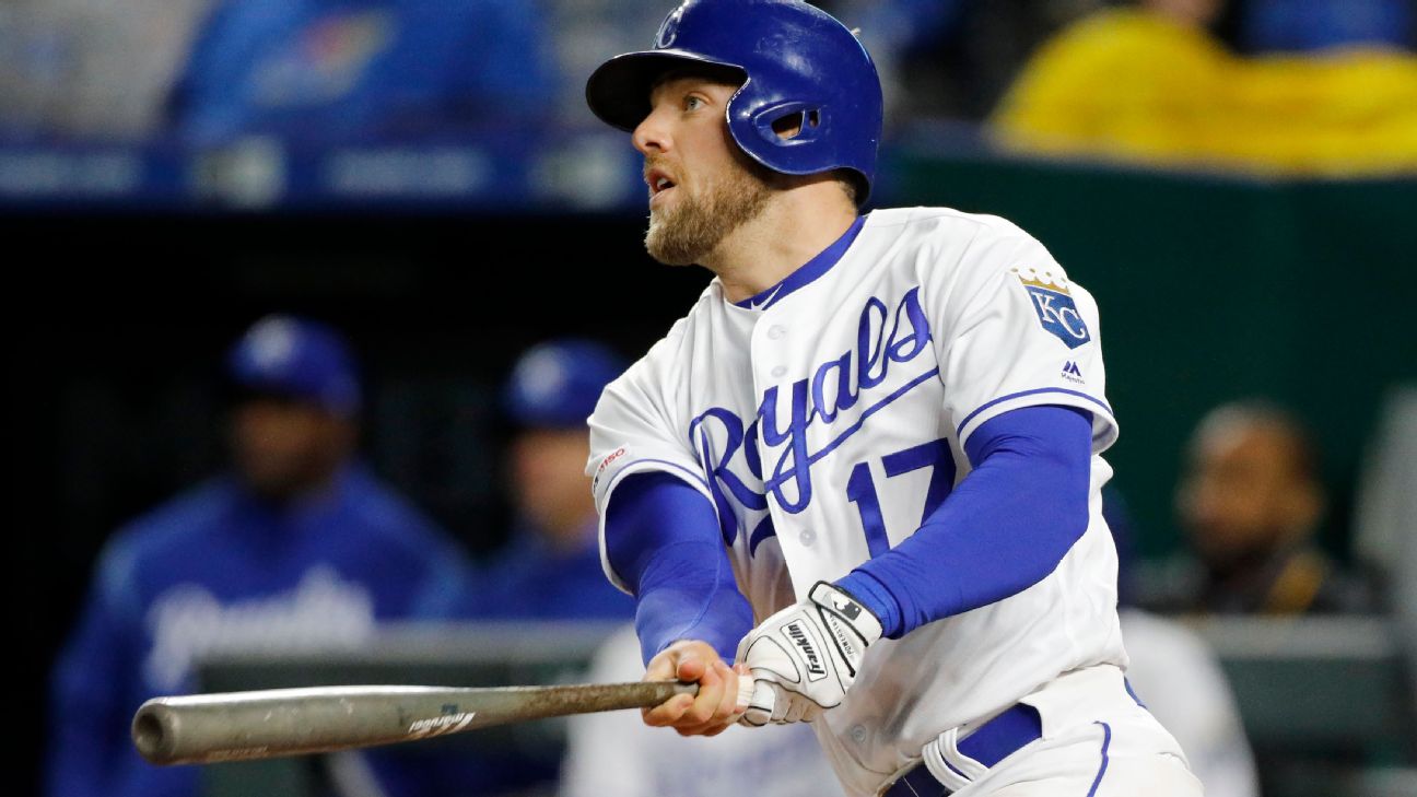 Kansas City Royals third baseman Hunter Dozier (17) reacts after a home run  during a spring training game against the Cleveland Indians, Sunday, March  Stock Photo - Alamy