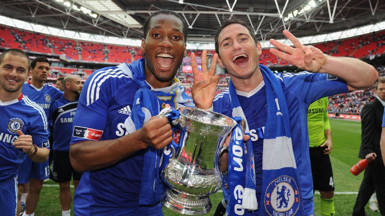Didier Drogba celebrates with Frank Lampard after winning his third FA Cup, in 2010.