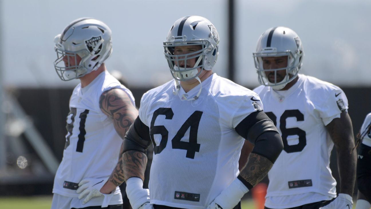 Las Vegas Raiders guard Richie Incognito (64) speaks to Los