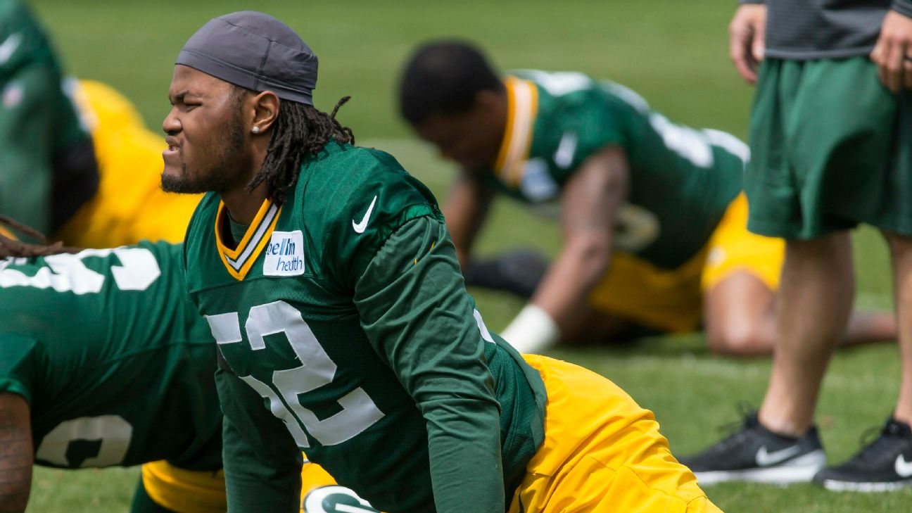 Green Bay Packers linebacker Rashan Gary warms up before the start of an  NFL football game between the Green Bay Packers and Detroit Lions Monday,  Oct. 14, 2019, in Green Bay, Wis. (