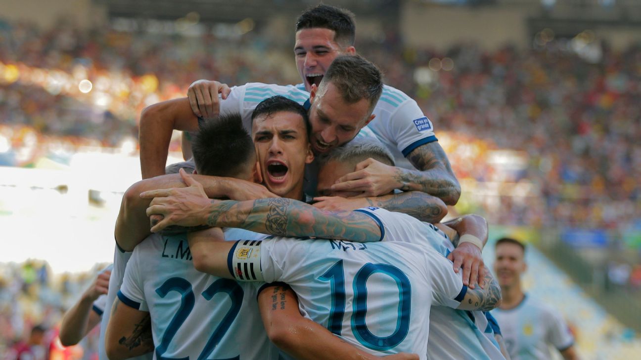 Argentina players celebrate during their Copa America quarterfinal win over Venezuela. Argentina players celebrate during their Copa America quarterfinal win over Venezuela.