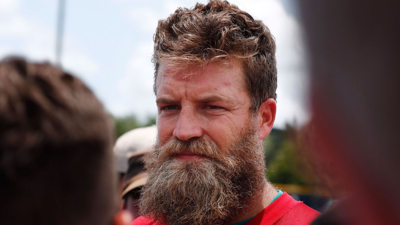 CINCINNATI, OH - SEPTEMBER 29: Former NFL quarterback Ryan Fitzpatrick sits  on the set of  Prime Video's Thursday Night Football Postgame Show  after the game against the Miami Dolphins and the