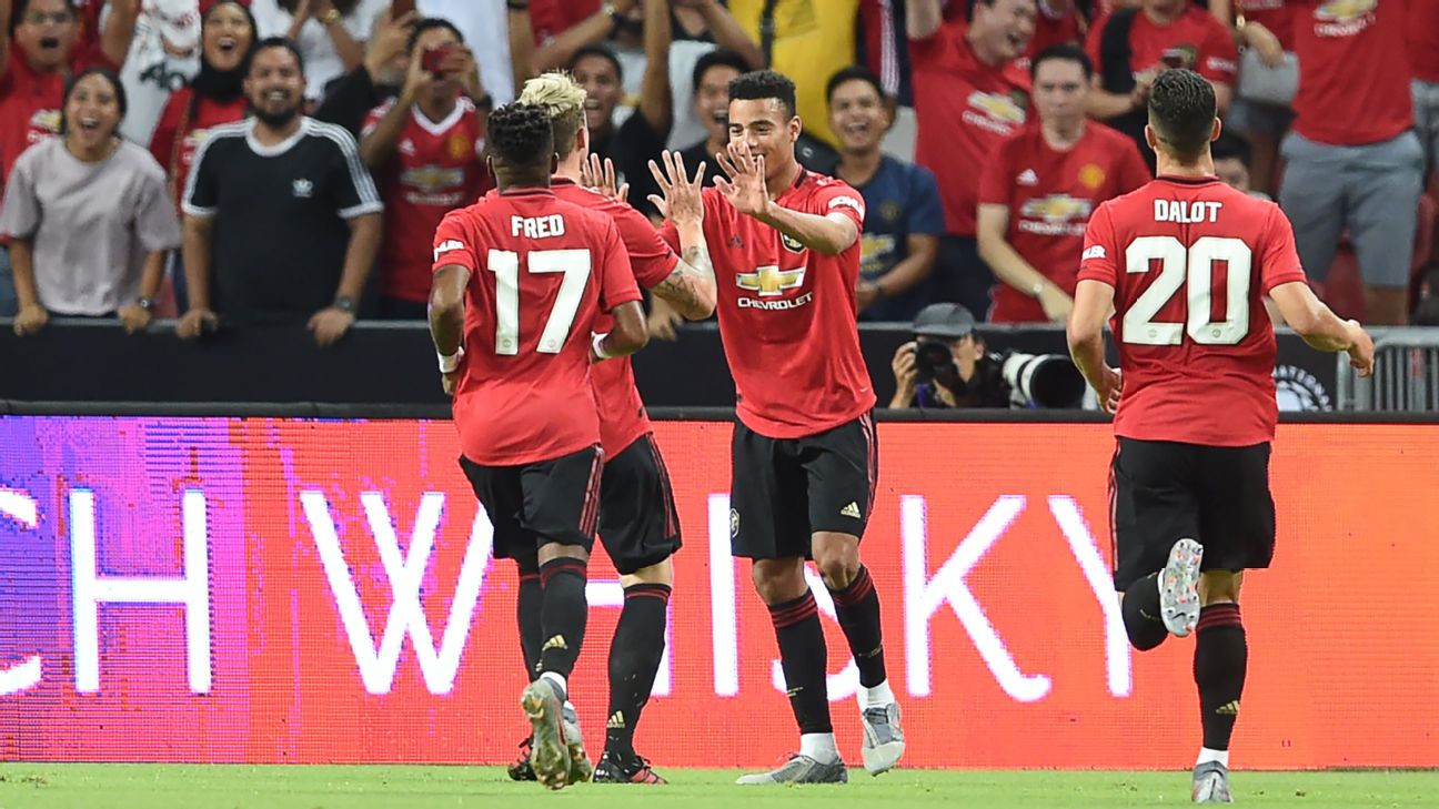 Mason Greenwood (2nd R) is congratulated by teammates after scoring during the International Champions Cup football match between Manchester United and Inter Milan Mason Greenwood (2nd R) is congratulated by teammates after scoring during the International Champions Cup football match between Manchester United and Inter Milan