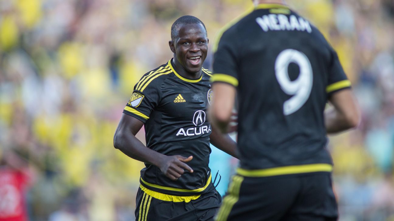 Kekuta Manneh celebrates after scoring in the Columbus Crew's MLS match against the Chicago Fire. Kekuta Manneh celebrates after scoring in the Columbus Crew's MLS match against the Chicago Fire.