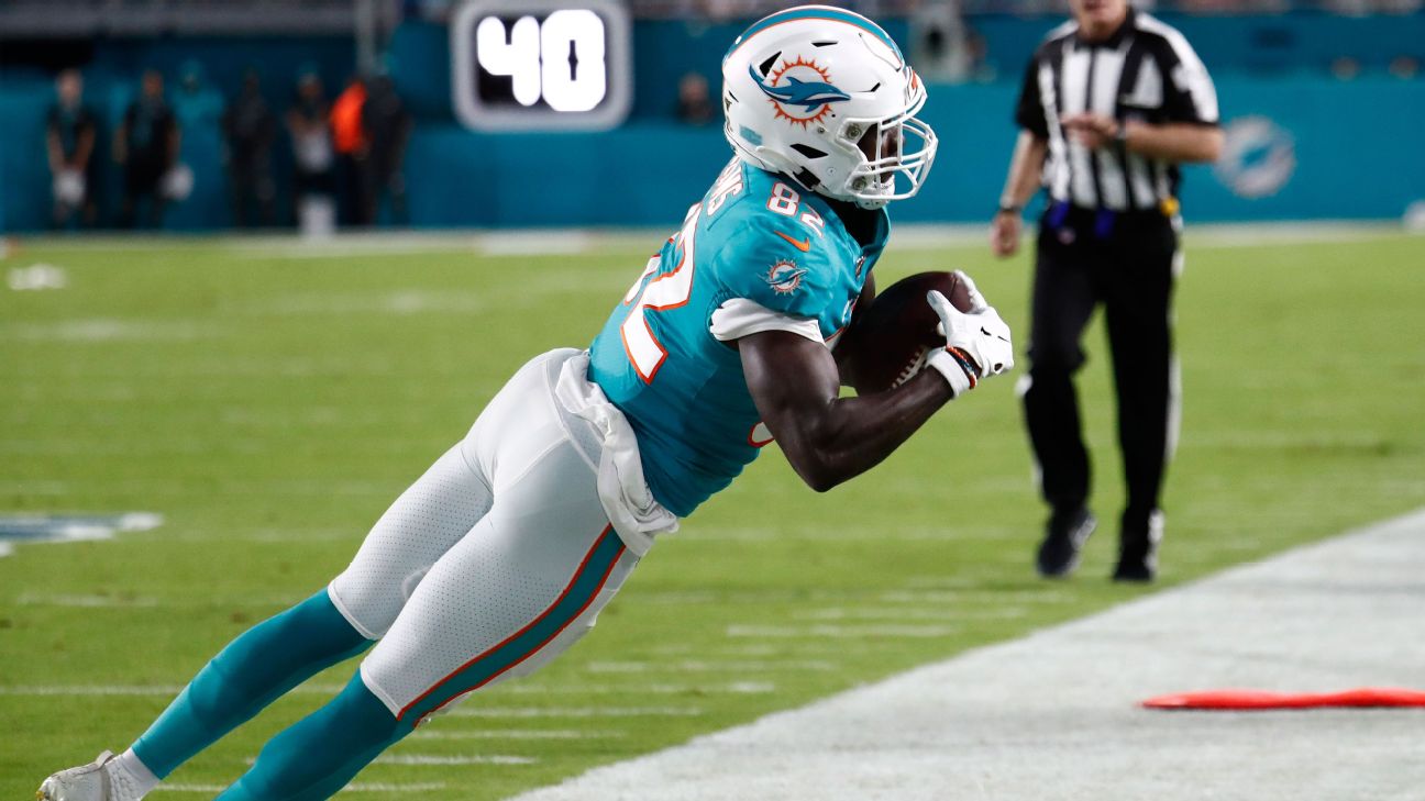 Miami Dolphins wide receiver Preston Williams (18) runs the ball after a  catch against the New York Jets during an NFL football game, Sunday, Nov.  3, 2019, in Miami Gardens, Fla. The