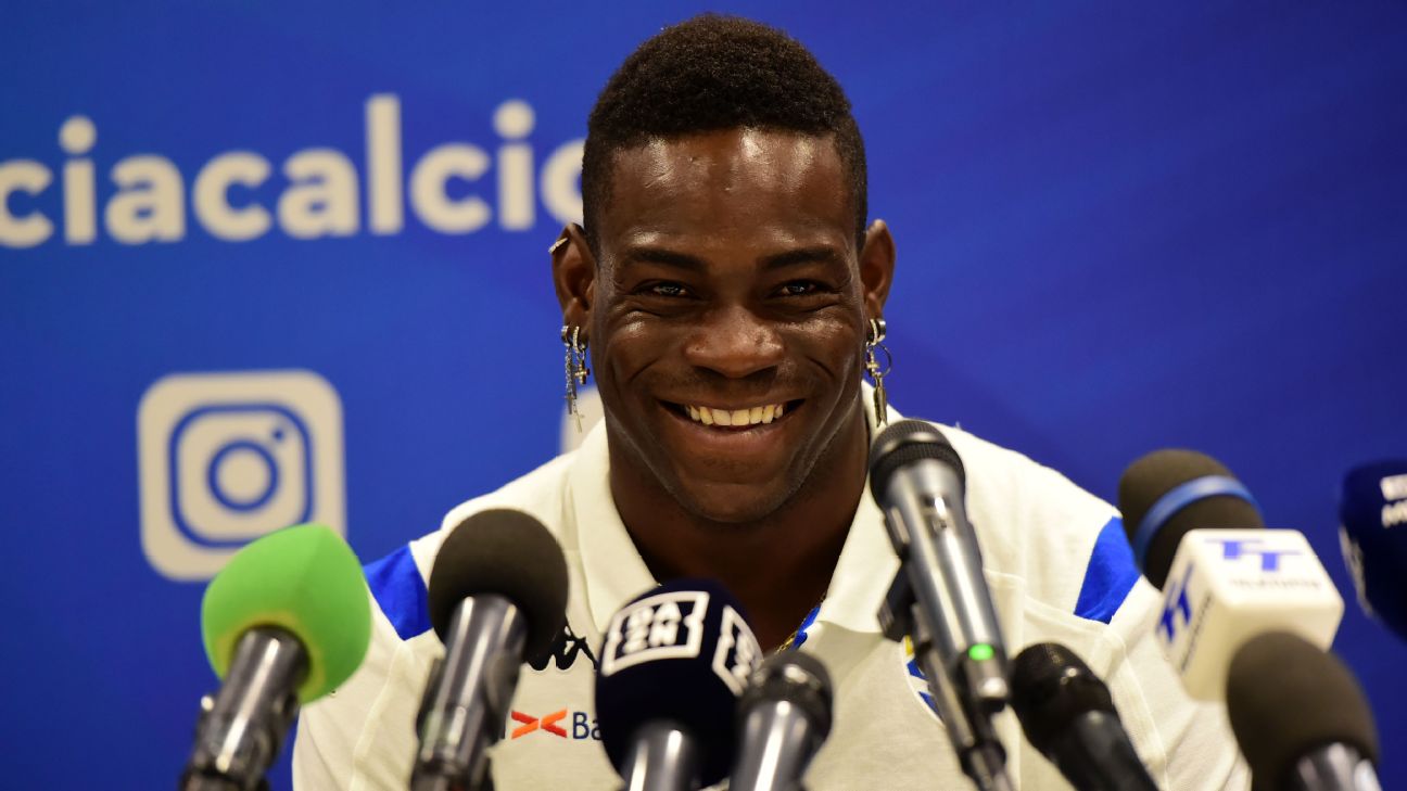 Mario Balotelli speaks to the media after being unveiled with his new club Brescia.