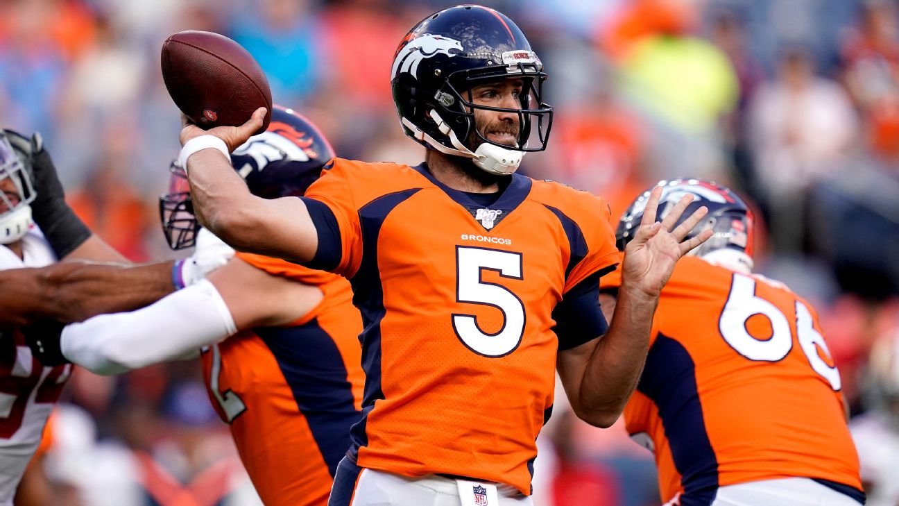 Denver Broncos' John Elway aims a pass downfield during the