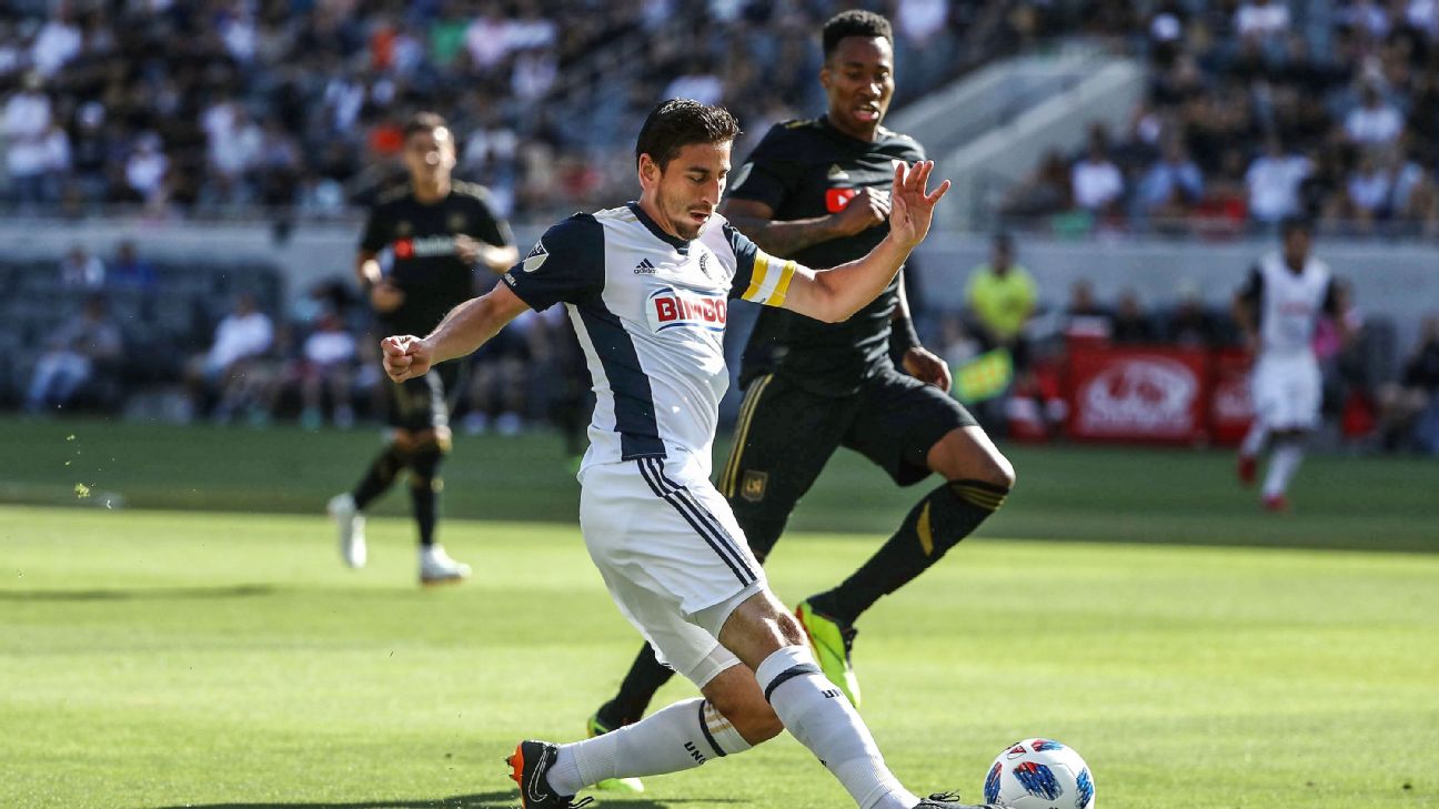 Alejandro Bedoya vies for the ball with Mark-Anthony Kaye during the Philadelphia Union's MLS match against LAFC. Alejandro Bedoya vies for the ball with Mark-Anthony Kaye during the Philadelphia Union's MLS match against LAFC.
