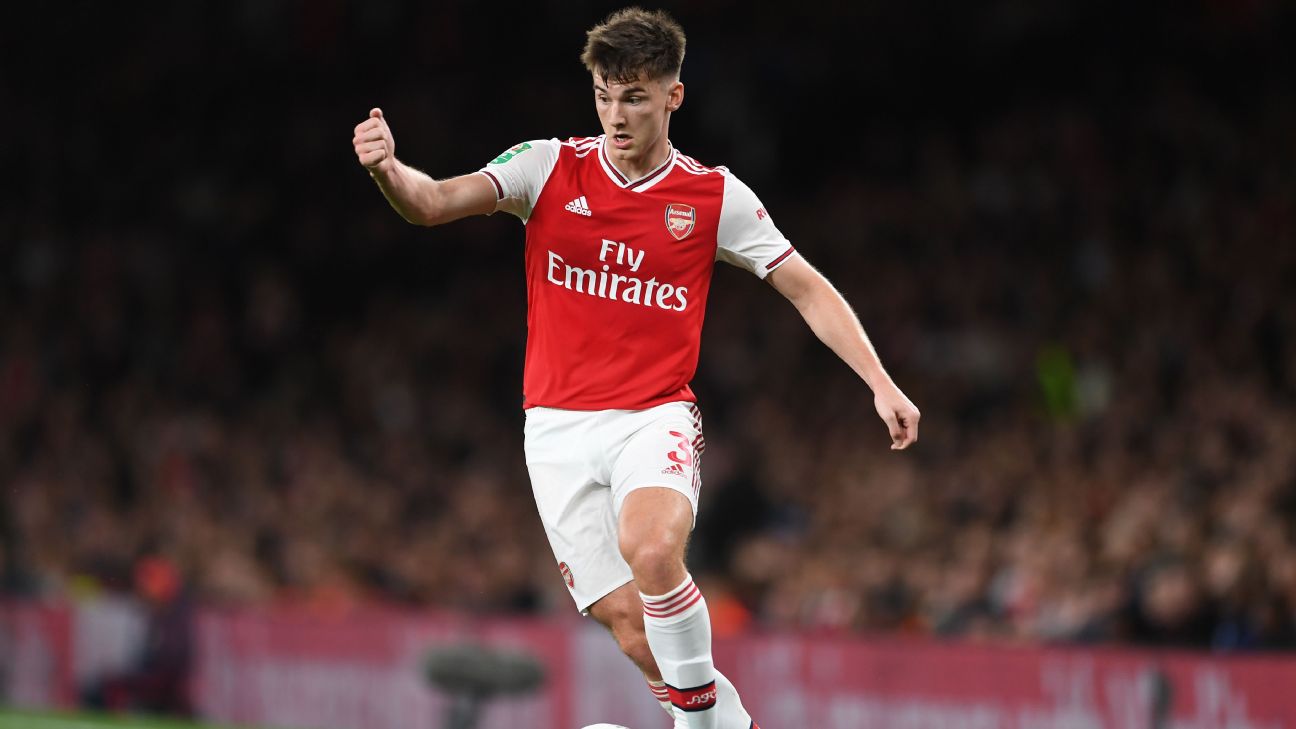 Kieran Tierney controls the ball during Arsenal's Carabao Cup win over Nottingham Forest.