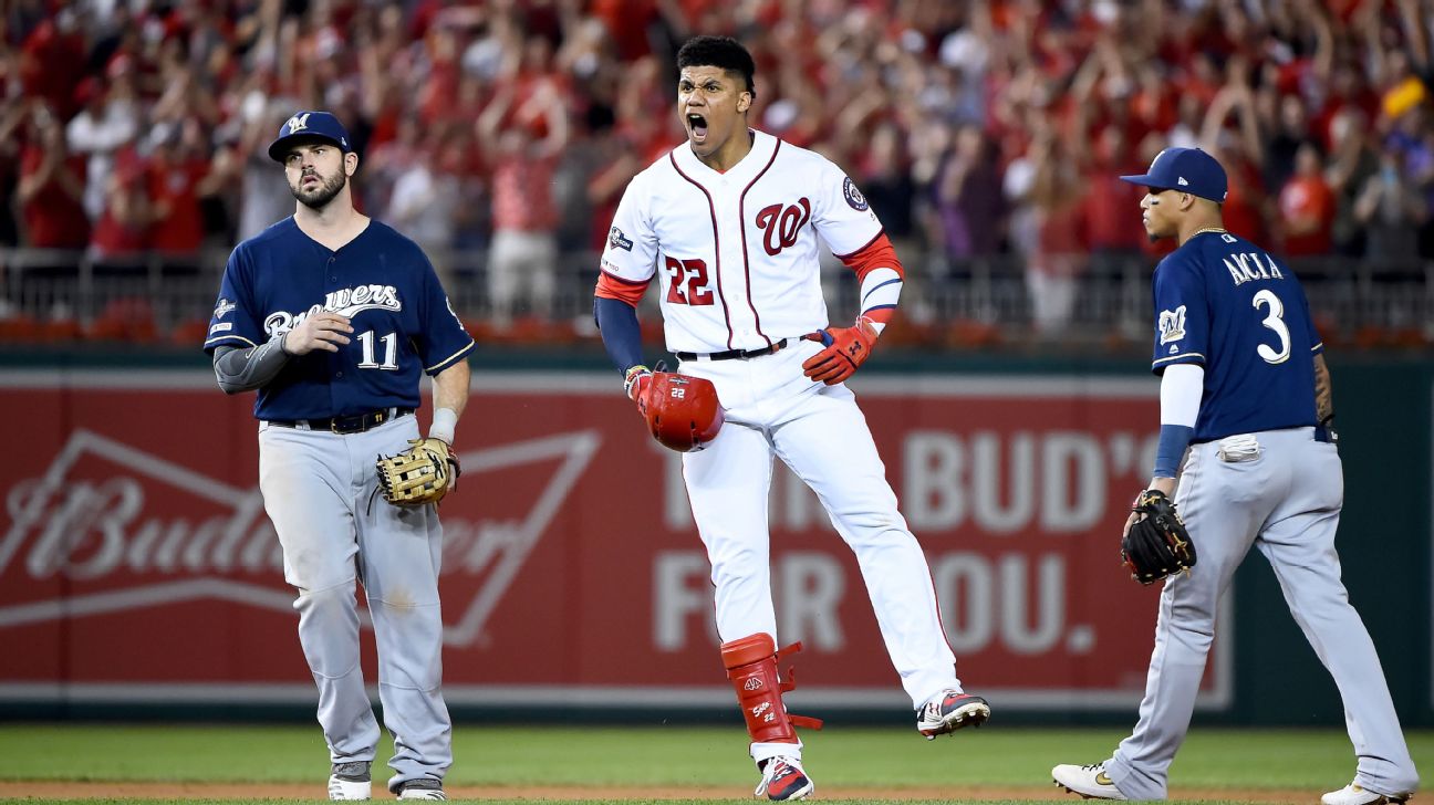 Milwaukee Brewers' Yasmani Grandal, center, celebrates with