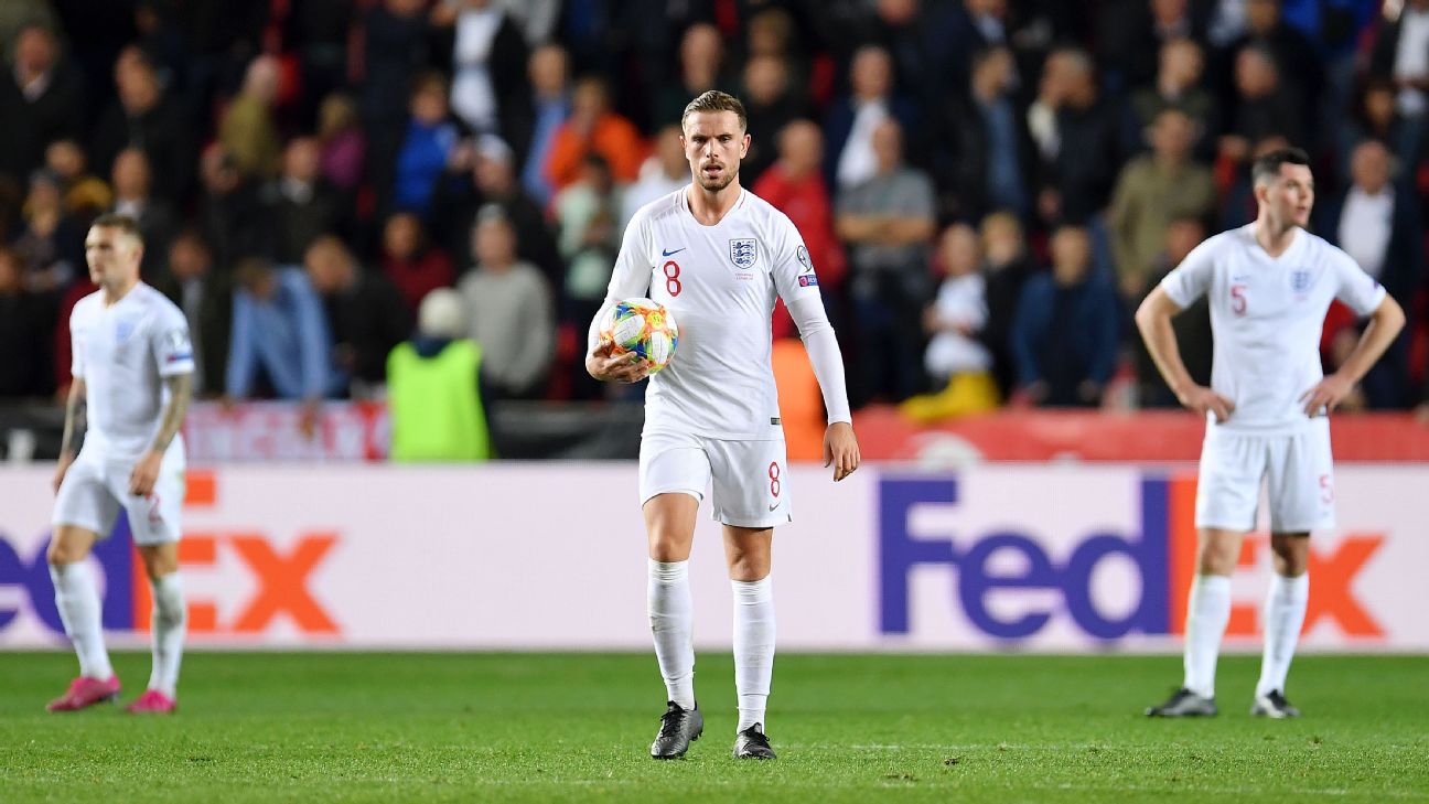 Jordan Henderson looks on during England's Euro 2020 qualifying loss at the Czech Republic. Jordan Henderson looks on during England's Euro 2020 qualifying loss at the Czech Republic.
