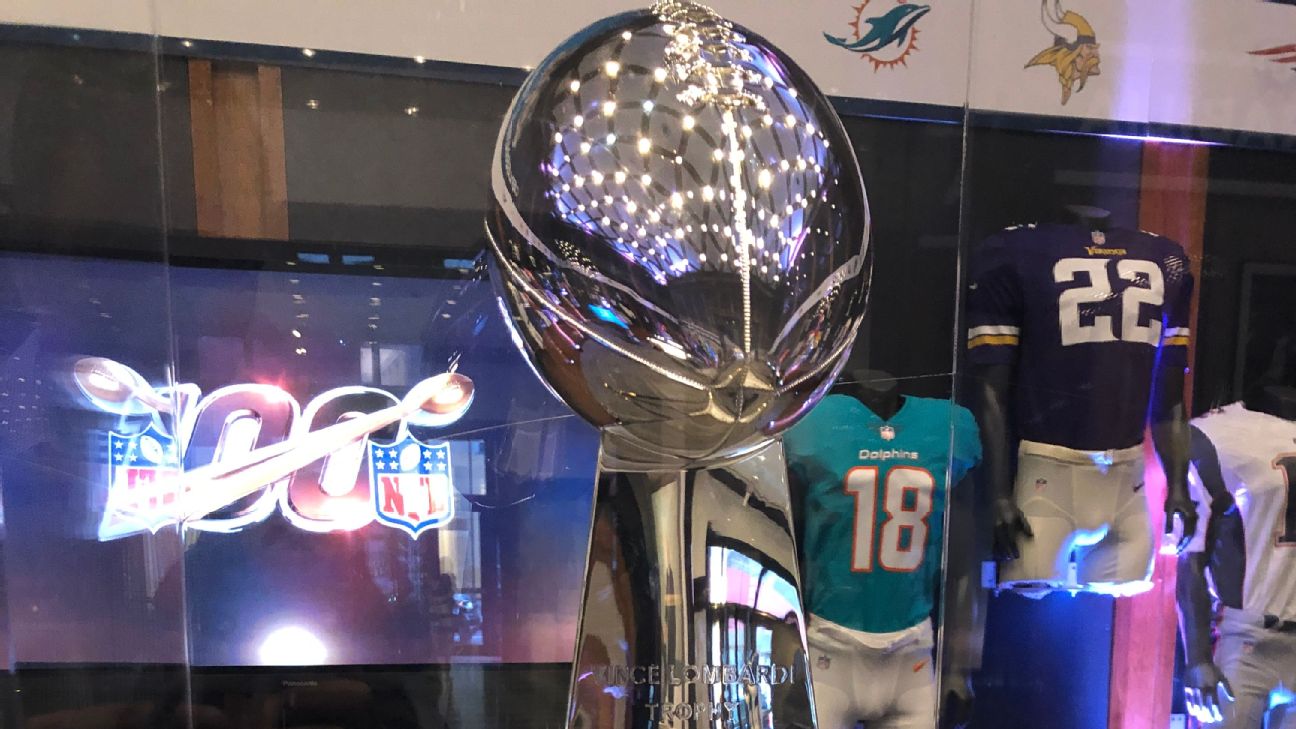 The Superbowl's Vince Lombardi trophy stands between the Chicago