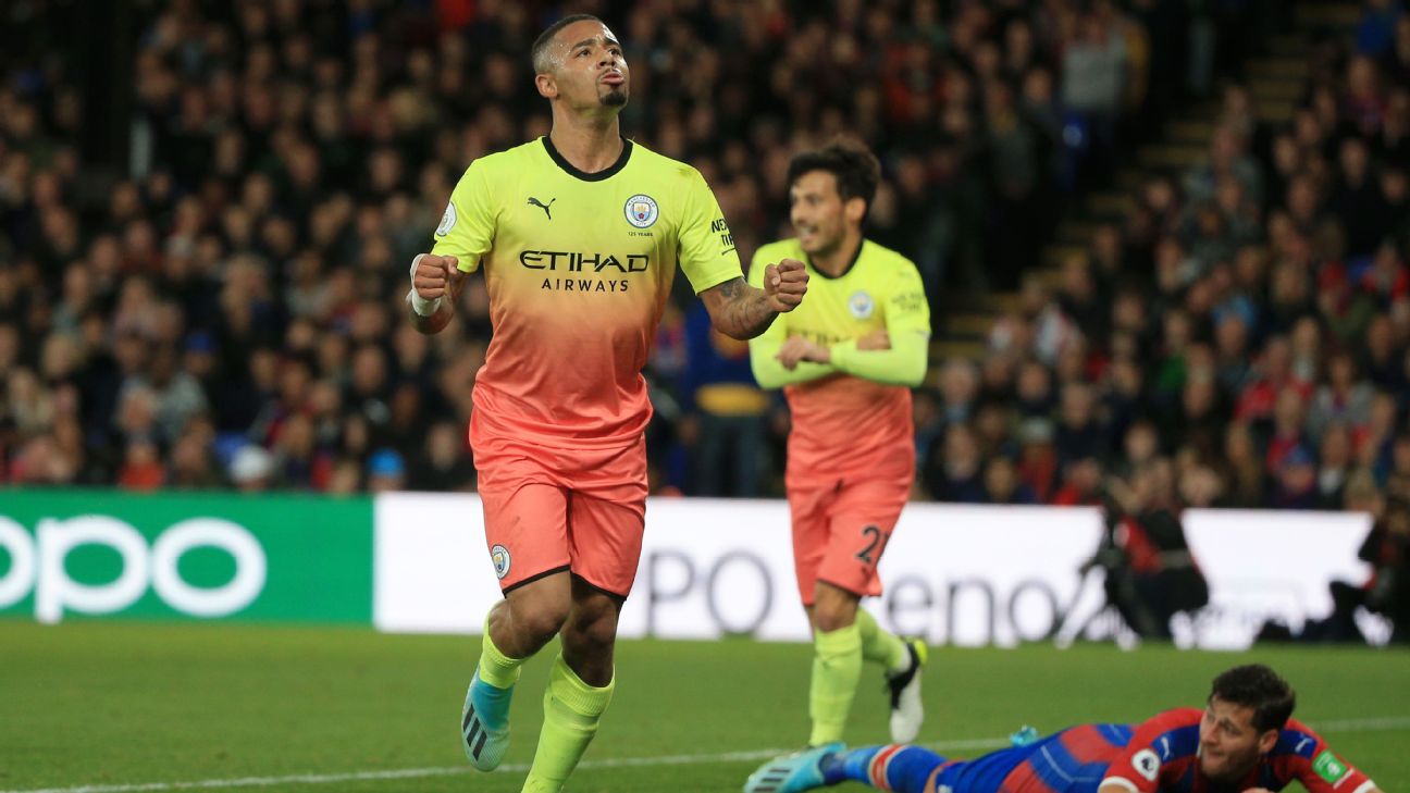 Gabriel Jesus celebrates after scoring in Manchester City's Premier League match against Crystal Palace. Gabriel Jesus celebrates after scoring in Manchester City's Premier League match against Crystal Palace.
